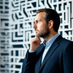 A pensive male professional in his mid-30s, dressed in a modest, dark business suit, standing amidst a subtly chaotic, abstract backdrop that suggests a lack of clear direction. The environment includes blurred, indistinct shapes resembling unorganized data or a complex maze. He is looking into the distance with a thoughtful, slightly bewildered expression, one hand gently touching his chin. The lighting is soft and diffused, emphasizing the contemplative mood. This image conveys the challenge of navigation without a clear target. Professional corporate photography, high resolution, detailed, realistic. Fully clothed, appropriate attire, safe for work, perfect anatomy, correct proportions, natural pose, well-formed hands, proper finger count, natural body proportions, professional, modest, family-friendly.