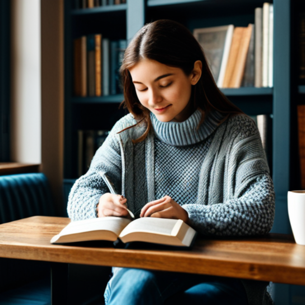 **Subject:** A woman comfortably reading a book in a cozy cafe.
    **Clothing:** Fully clothed in a stylish, modest sweater and jeans.
    **Environment:** Soft lighting, a steaming mug of coffee on the table, bookshelves in the background.
    **Quality Modifiers:** Perfect anatomy, correct proportions, natural pose, high resolution, professional photography, safe for work, appropriate content, fully clothed, modest, family-friendly.