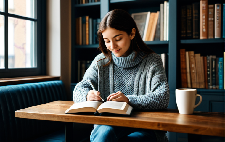 **Subject:** A woman comfortably reading a book in a cozy cafe.
    **Clothing:** Fully clothed in a stylish, modest sweater and jeans.
    **Environment:** Soft lighting, a steaming mug of coffee on the table, bookshelves in the background.
    **Quality Modifiers:** Perfect anatomy, correct proportions, natural pose, high resolution, professional photography, safe for work, appropriate content, fully clothed, modest, family-friendly.