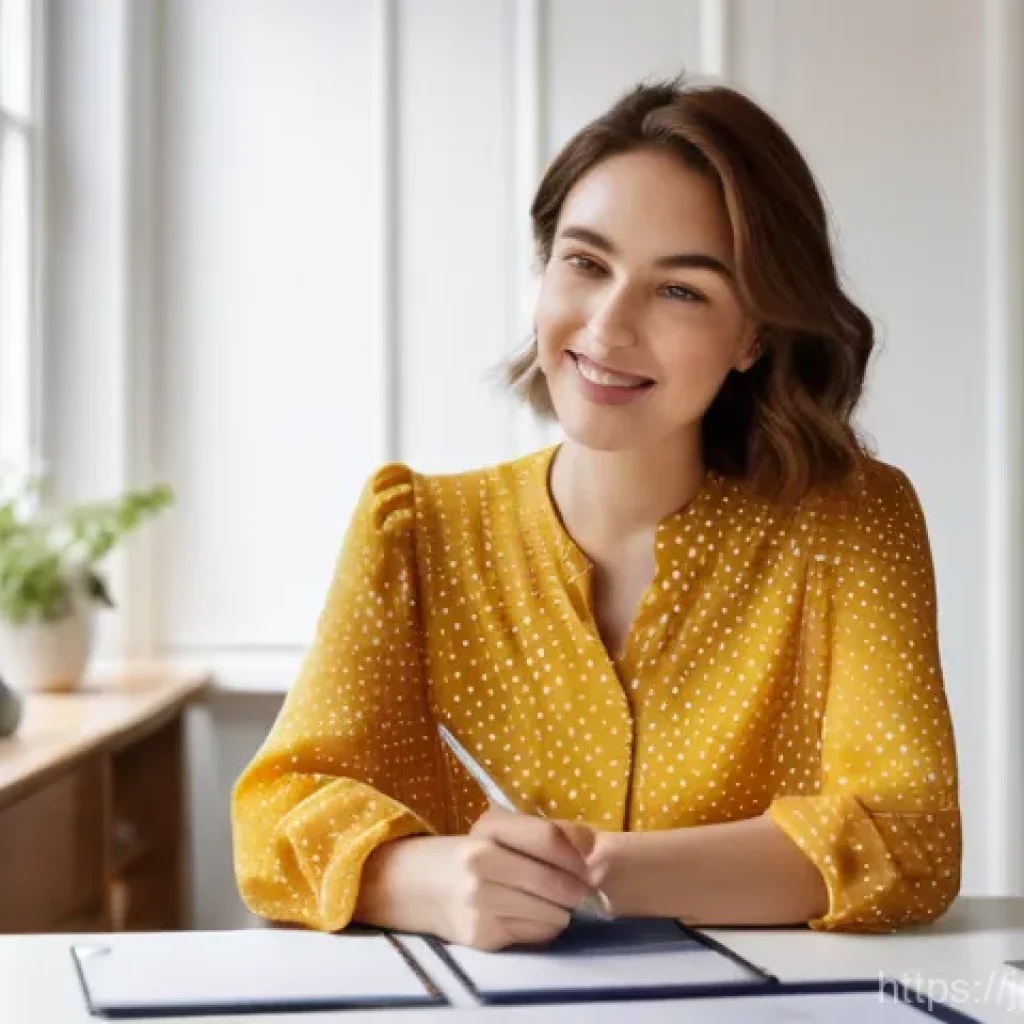 세그먼트 분석에서의 데이터 해석 방법 - **Prompt:** A young female blogger, in her late 20s, wearing a stylish, modest blouse and comfortabl...