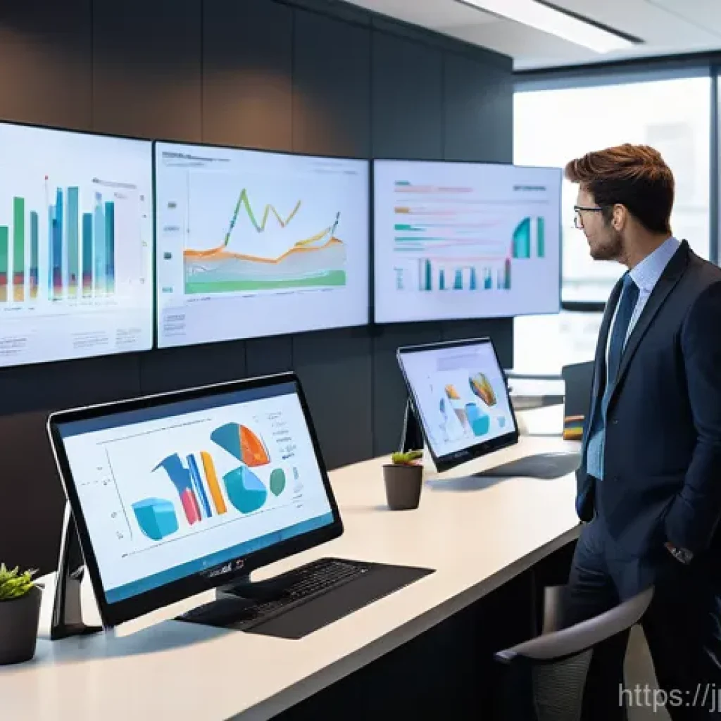 세그먼트 분석에서의 지속적 개선 전략 - **A diverse team of business professionals collaboratively analyzing complex data on large, interact...