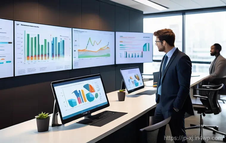 세그먼트 분석에서의 지속적 개선 전략 - **A diverse team of business professionals collaboratively analyzing complex data on large, interact...