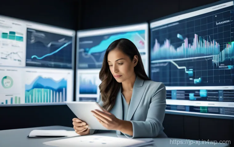 세그먼트 분석에서의 지속적 개선 전략 - **A diverse team of business professionals collaboratively analyzing complex data on large, interact...