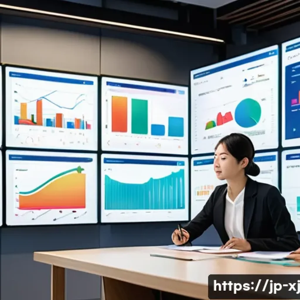 사용자 세그먼트 발굴을 위한 KPI 설정 - A modern Japanese office scene showing a diverse team of professionals analyzing colorful KPI dashbo...
