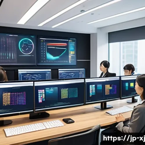 디지털 마케팅에서의 사용자 세그먼트 활용법 - A modern Japanese marketing office scene showing a diverse team analyzing colorful digital dashboard...