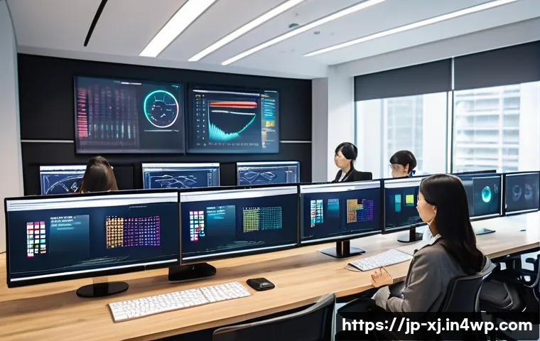 디지털 마케팅에서의 사용자 세그먼트 활용법 - A modern Japanese marketing office scene showing a diverse team analyzing colorful digital dashboard...