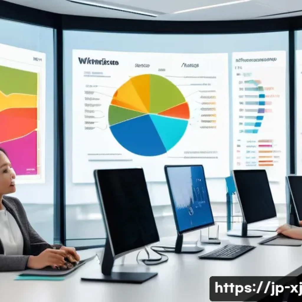 사용자 세그먼트 발굴을 위한 데이터 마이닝 기법 - A modern Japanese office scene showing a diverse team of data scientists and marketers collaborating...