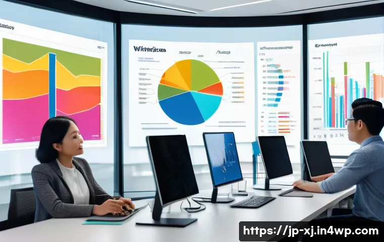 사용자 세그먼트 발굴을 위한 데이터 마이닝 기법 - A modern Japanese office scene showing a diverse team of data scientists and marketers collaborating...