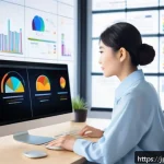 세그먼트별 마케팅 성과 극대화 전략 - A modern Japanese office scene focused on personalized marketing data analysis: a young professional...