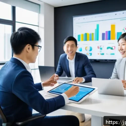 효과적인 사용자 세그먼트 발굴을 위한 협업 방안 - A modern Japanese marketing team in a sleek, bright office with large windows, collaborating around ...