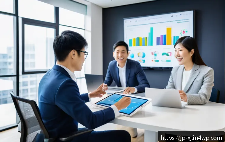 효과적인 사용자 세그먼트 발굴을 위한 협업 방안 - A modern Japanese marketing team in a sleek, bright office with large windows, collaborating around ...