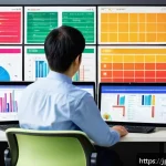 세그먼트 분석의 기본 원칙과 응용 - A modern Japanese office setting with a diverse group of professionals collaboratively analyzing col...